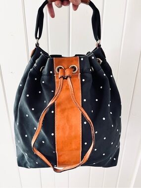 Kate Spade Black Polka Dot Drawstring Backpack with Tan Leather Trim